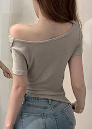 French Khaki Asymmetrical One Shoulder Rose Sequins Top Short Sleeve