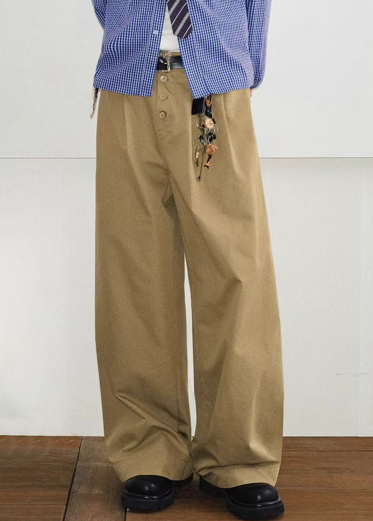French Khaki Button Pockets Solid Cotton Mens Pants Summer