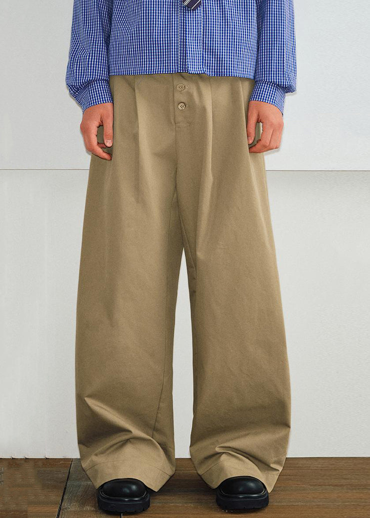 French Khaki Button Pockets Solid Cotton Mens Pants Summer