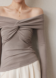 French Khaki Cold Shoulder Cotton Shirt Tops Spring