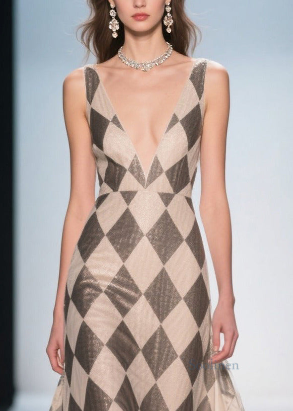French Khaki Deep-V Neck Plaid Chiffon Dinner Dress Summer