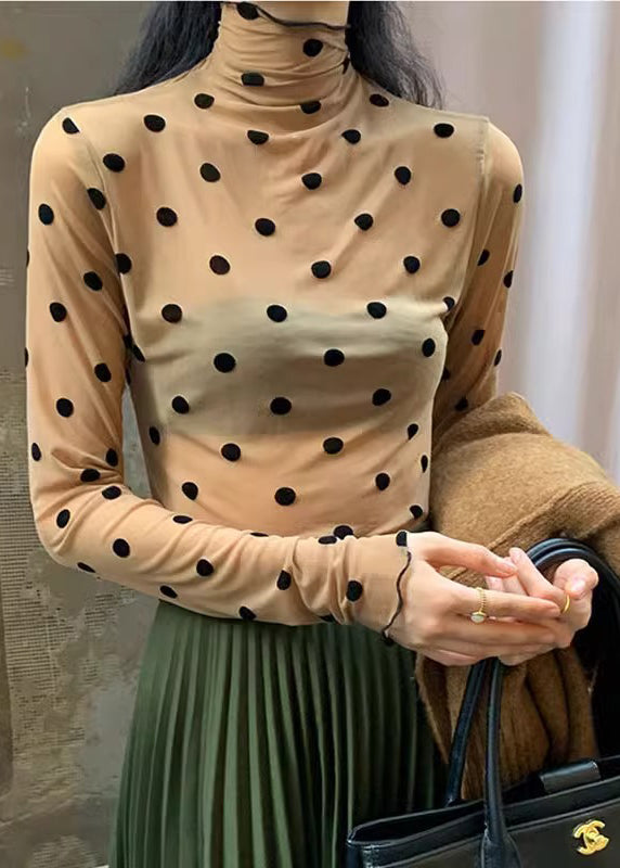 French Khaki Hign Neck Dot Slim Fit Tulle Tops Spring