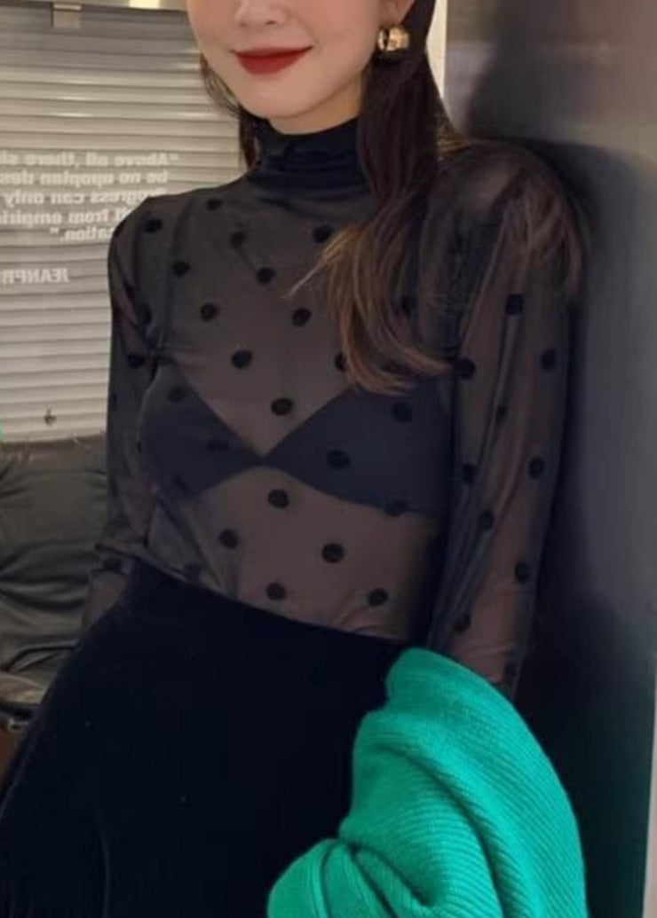 French Khaki Hign Neck Dot Slim Fit Tulle Tops Spring