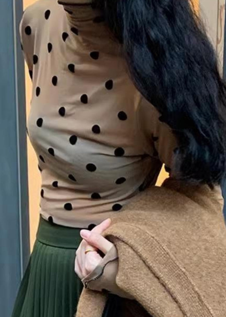 French Khaki Hign Neck Dot Slim Fit Tulle Tops Spring
