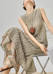French Khaki Hollow Out Knit Dress And Print Skirts Two Pieces Set Sleeveless