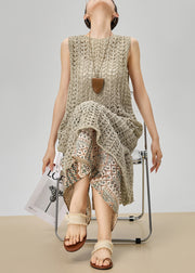 French Khaki Hollow Out Knit Dress And Print Skirts Two Pieces Set Sleeveless