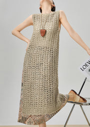 French Khaki Hollow Out Knit Dress And Print Skirts Two Pieces Set Sleeveless