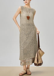 French Khaki Hollow Out Knit Dress And Print Skirts Two Pieces Set Sleeveless