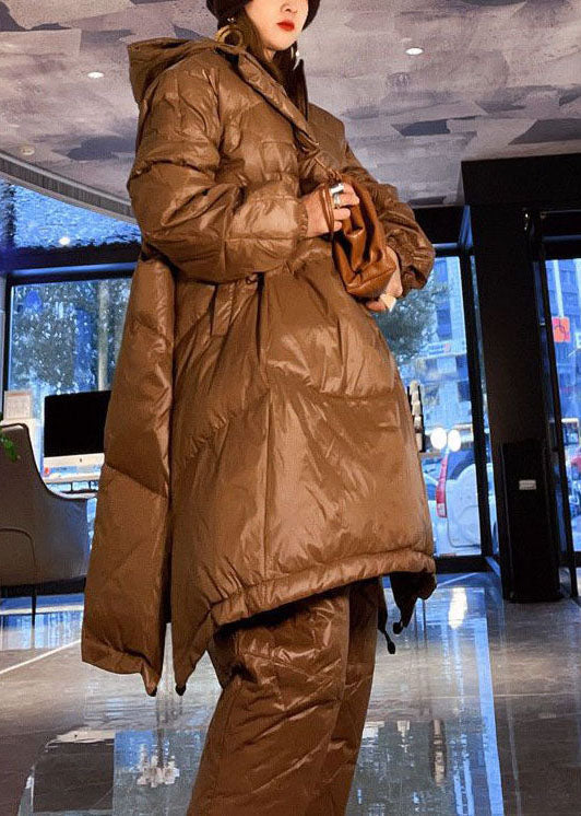 French Khaki Hooded Drawstring Duck Down Pullover Puffers Jackets Winter