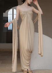 French Khaki Off The Shoulder Wrinkled Cotton Long Dresses Sleeveless