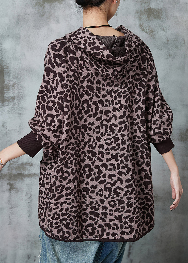 French Khaki Oversized Leopard Print Knit Cardigan Spring