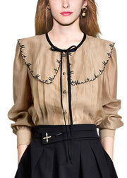 French Khaki Peter Pan Collar Patchwork Bow Button Blouses Long Sleeve