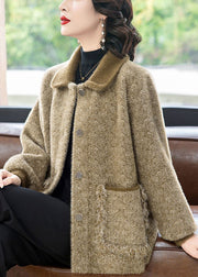 French Khaki Peter Pan Collar Pockets Mink Hair Knitted Coats Winter