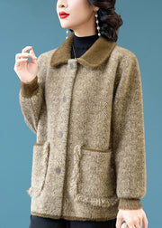 French Khaki Peter Pan Collar Pockets Mink Hair Knitted Coats Winter