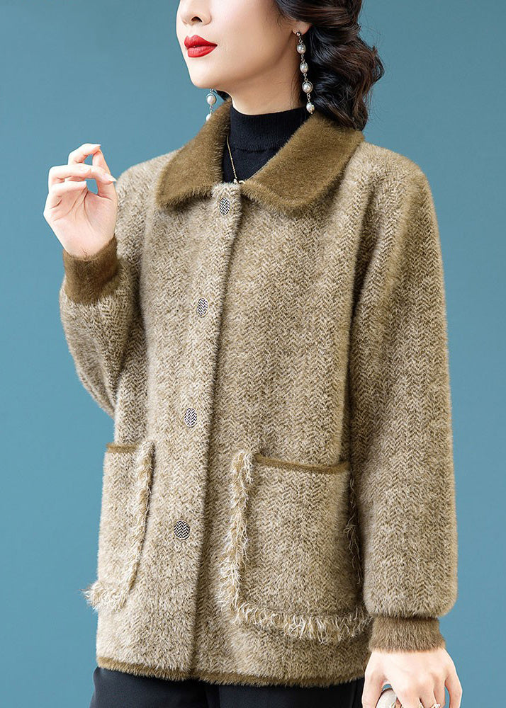 French Khaki Peter Pan Collar Pockets Mink Hair Knitted Coats Winter