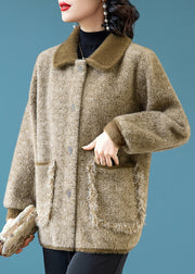 French Khaki Peter Pan Collar Pockets Mink Hair Knitted Coats Winter