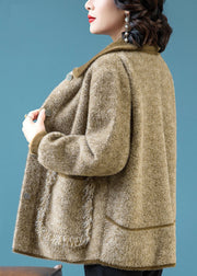 French Khaki Peter Pan Collar Pockets Mink Hair Knitted Coats Winter
