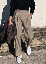 French Khaki Pockets High Waist Solid Spandex Mens Pants Fall