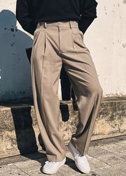French Khaki Pockets High Waist Solid Spandex Mens Pants Fall