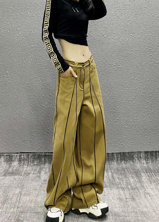 French Khaki Pockets Patchwork Denim Wide Leg Pants Spring