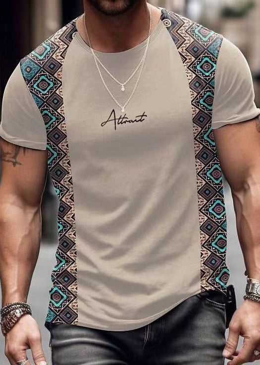 French Khaki Print Patchwork Cotton Mens T Shirts Summer
