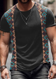 French Khaki Print Patchwork Cotton Mens T Shirts Summer