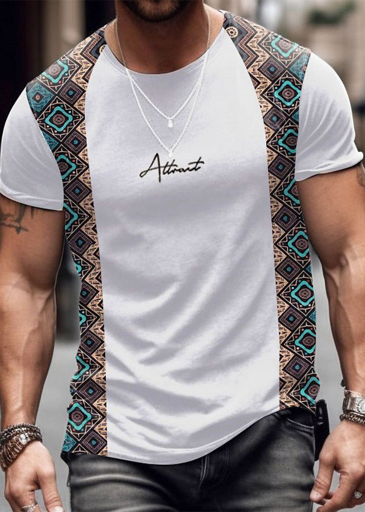 French Khaki Print Patchwork Cotton Mens T Shirts Summer