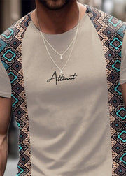 French Khaki Print Patchwork Cotton Mens T Shirts Summer