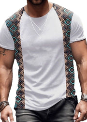French Khaki Print Patchwork Cotton Mens T Shirts Summer
