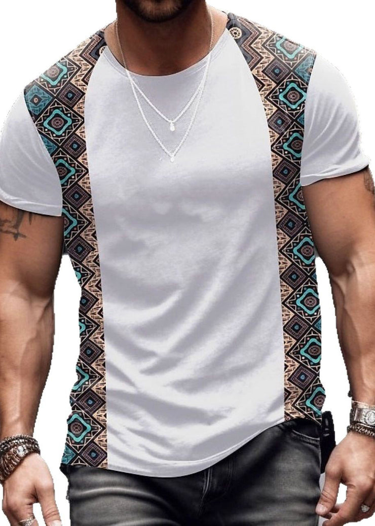 French Khaki Print Patchwork Cotton Mens T Shirts Summer