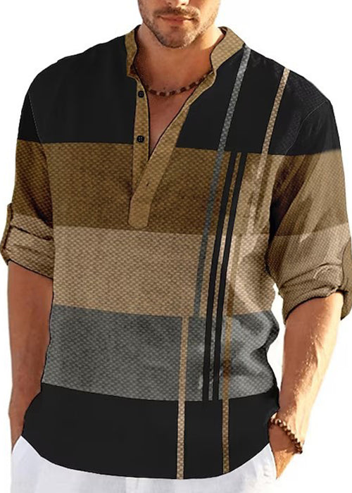 French Khaki Stand Collar Plaid Cotton Men&