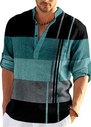French Khaki Stand Collar Plaid Cotton Men's T Shirts Fall