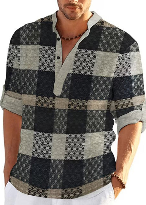 French Khaki Stand Collar Plaid Cotton Men&