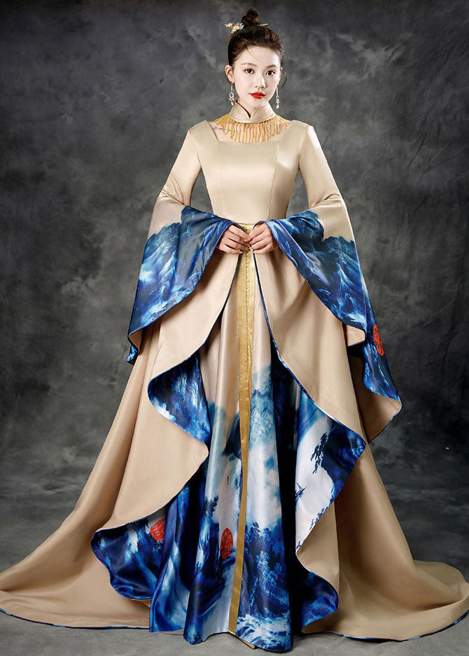 French Khaki Stand Collar Print High Waist Maxi Dresses Long Sleeve