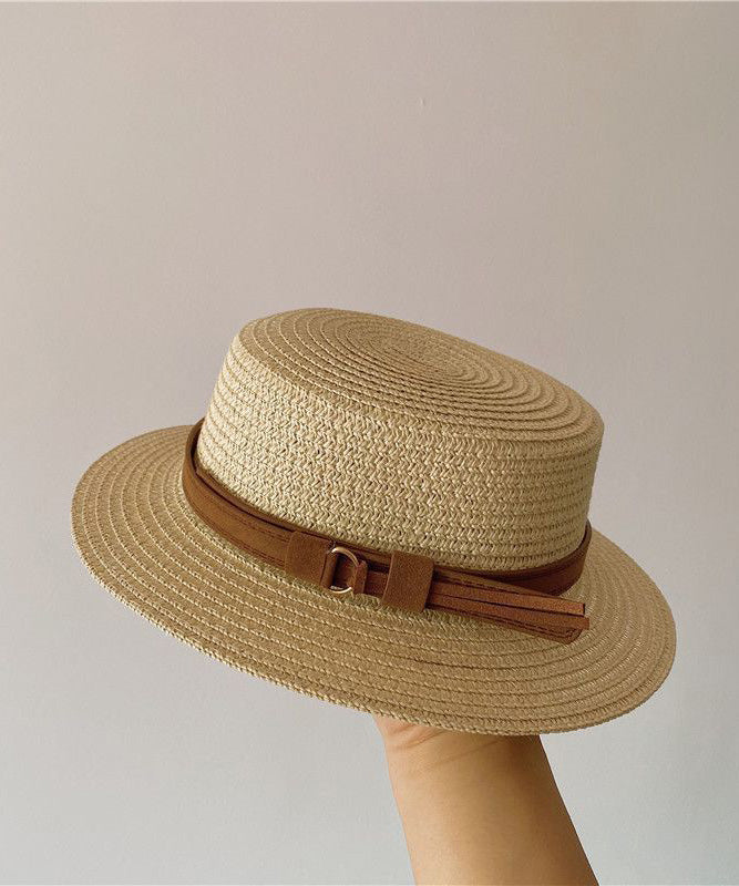 French Khaki Straw Woven Flat Top Sun Cloche Hat