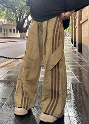 French Khaki Striped Elastic Waist Thin Cotton Mens Pants Summer