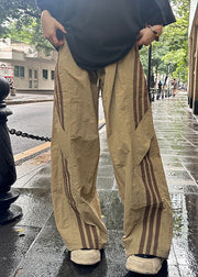 French Khaki Striped Elastic Waist Thin Cotton Mens Pants Summer