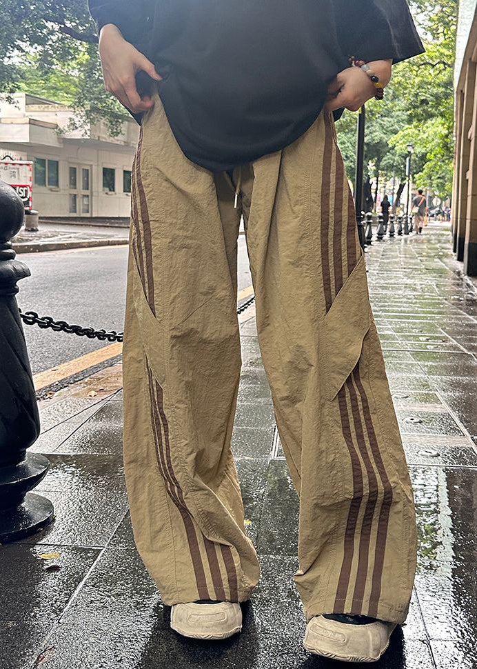 French Khaki Striped Elastic Waist Thin Cotton Mens Pants Summer
