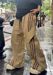 French Khaki Striped Elastic Waist Thin Cotton Mens Pants Summer
