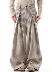 French Khaki Striped Pockets High Waist Woolen Men Pants Fall