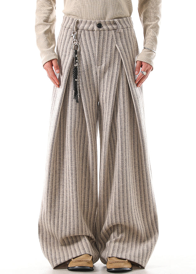 French Khaki Striped Pockets High Waist Woolen Men Pants Fall