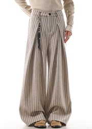 French Khaki Striped Pockets High Waist Woolen Men Pants Fall