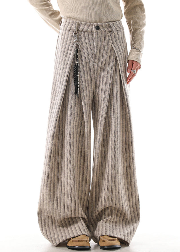 French Khaki Striped Pockets High Waist Woolen Men Pants Fall