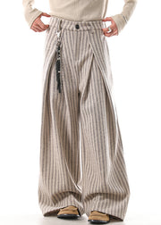 French Khaki Striped Pockets High Waist Woolen Men Pants Fall