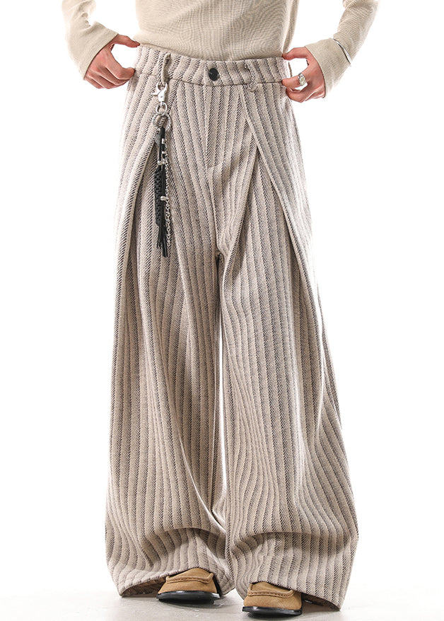 French Khaki Striped Pockets High Waist Woolen Men Pants Fall