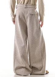 French Khaki Striped Pockets High Waist Woolen Men Pants Fall