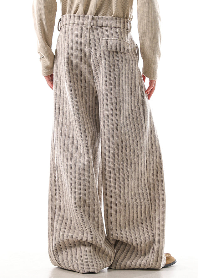 French Khaki Striped Pockets High Waist Woolen Men Pants Fall
