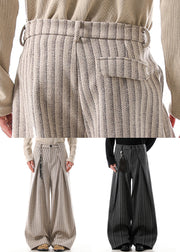 French Khaki Striped Pockets High Waist Woolen Men Pants Fall