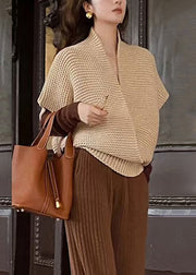 French Khaki V Neck Loose Knit Vest Tops Fall