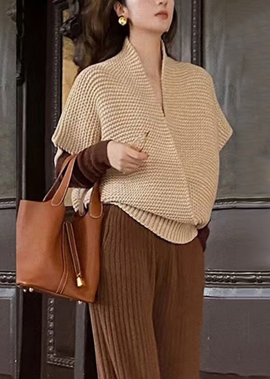 French Khaki V Neck Loose Knit Vest Tops Fall